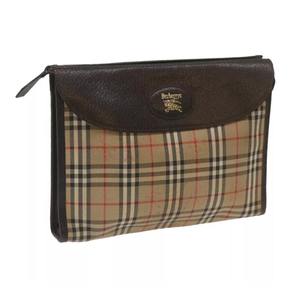 Burberrys Nova Check Clutch Bag Canvas Black Beige Auth